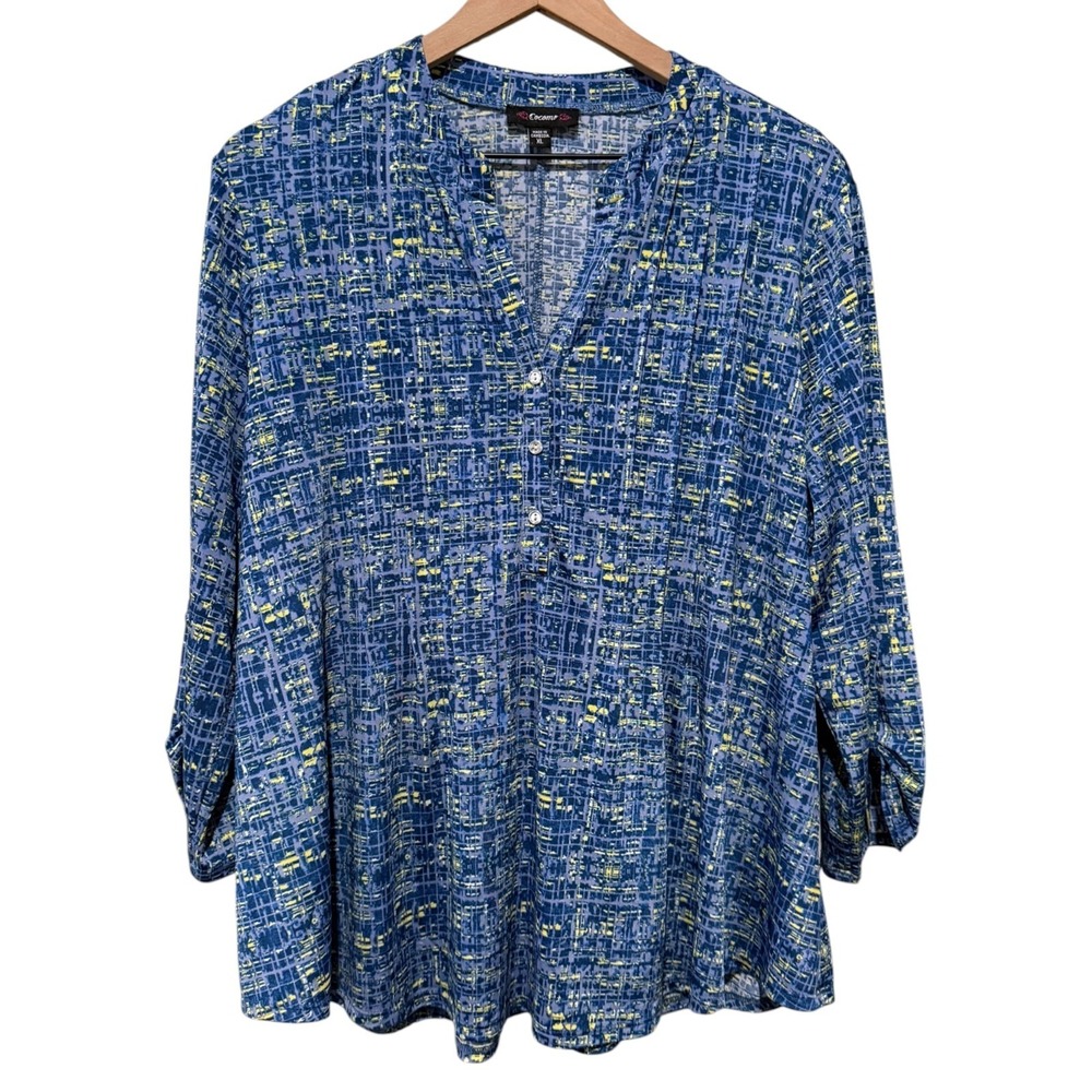 Cocomo Womens Top XL Geometric Artsy Blue Green Office Career Stretch 3/4 Sleeve